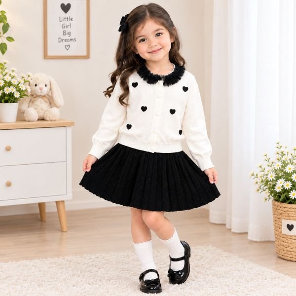Girls Heart Cardigan & Pleated Skirt Set