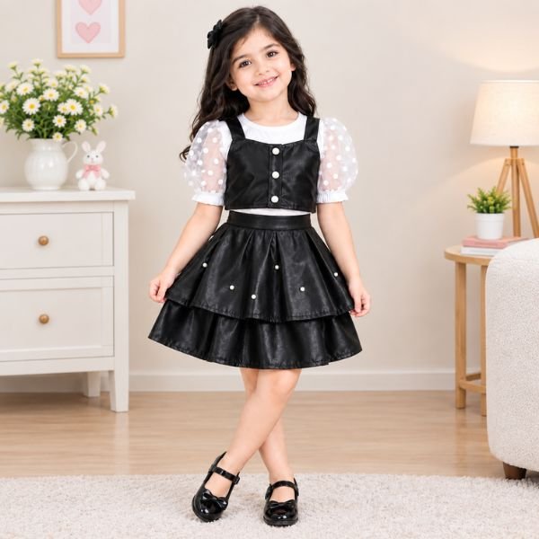 Girls Faux Leather Skirt & Polka Dot Mesh Top Set
