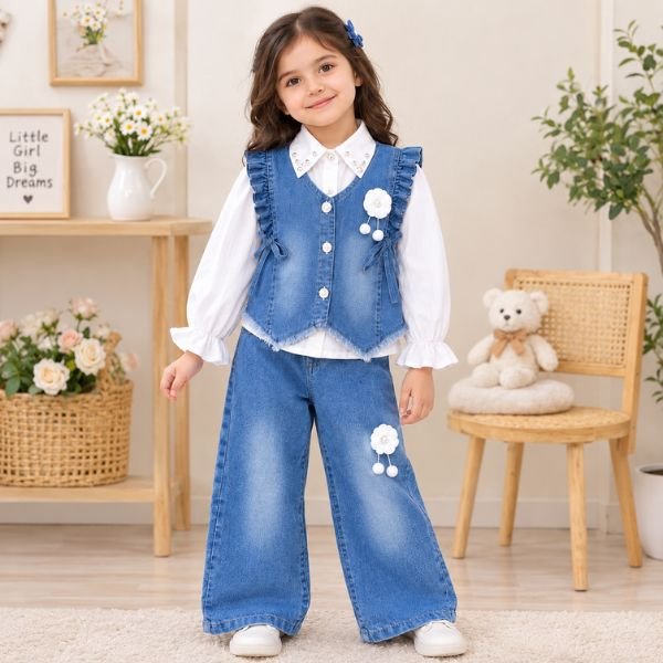 Girls Denim Vest, White Shirt & Wide-Leg Pants Set