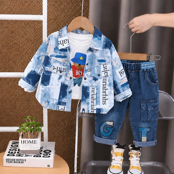 Boys Printed Jacket, T-Shirt & Denim Pants
