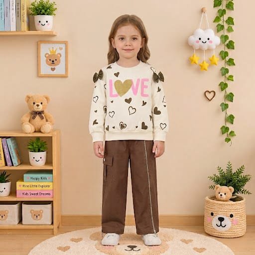 Girls' Stylish 'LOVE' Printed Sweatshirt & Pants Set