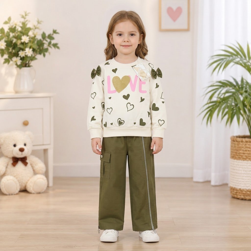 Girls' Stylish 'LOVE' Printed Sweatshirt & Pants Set - Image 2