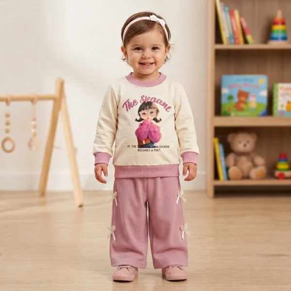 Girls Graphic Sweatshirt & Bow Trousers Set