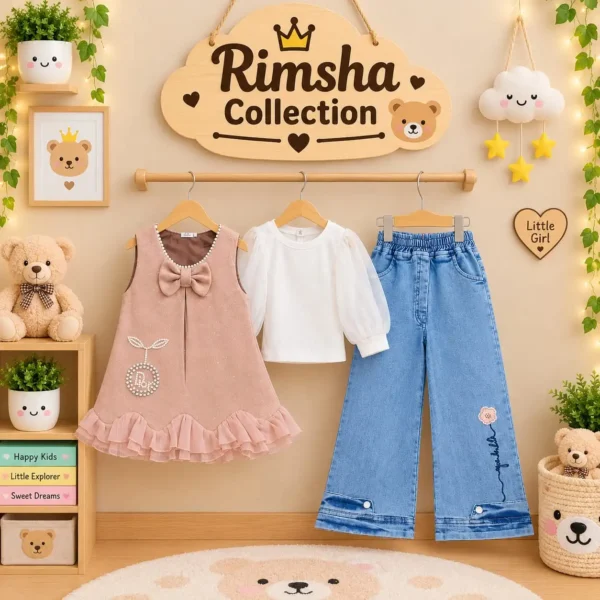 Girls 3 Piece Frock & Denim Set