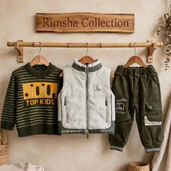 Boys 3 Piece Puffer Vest & Sweater Set