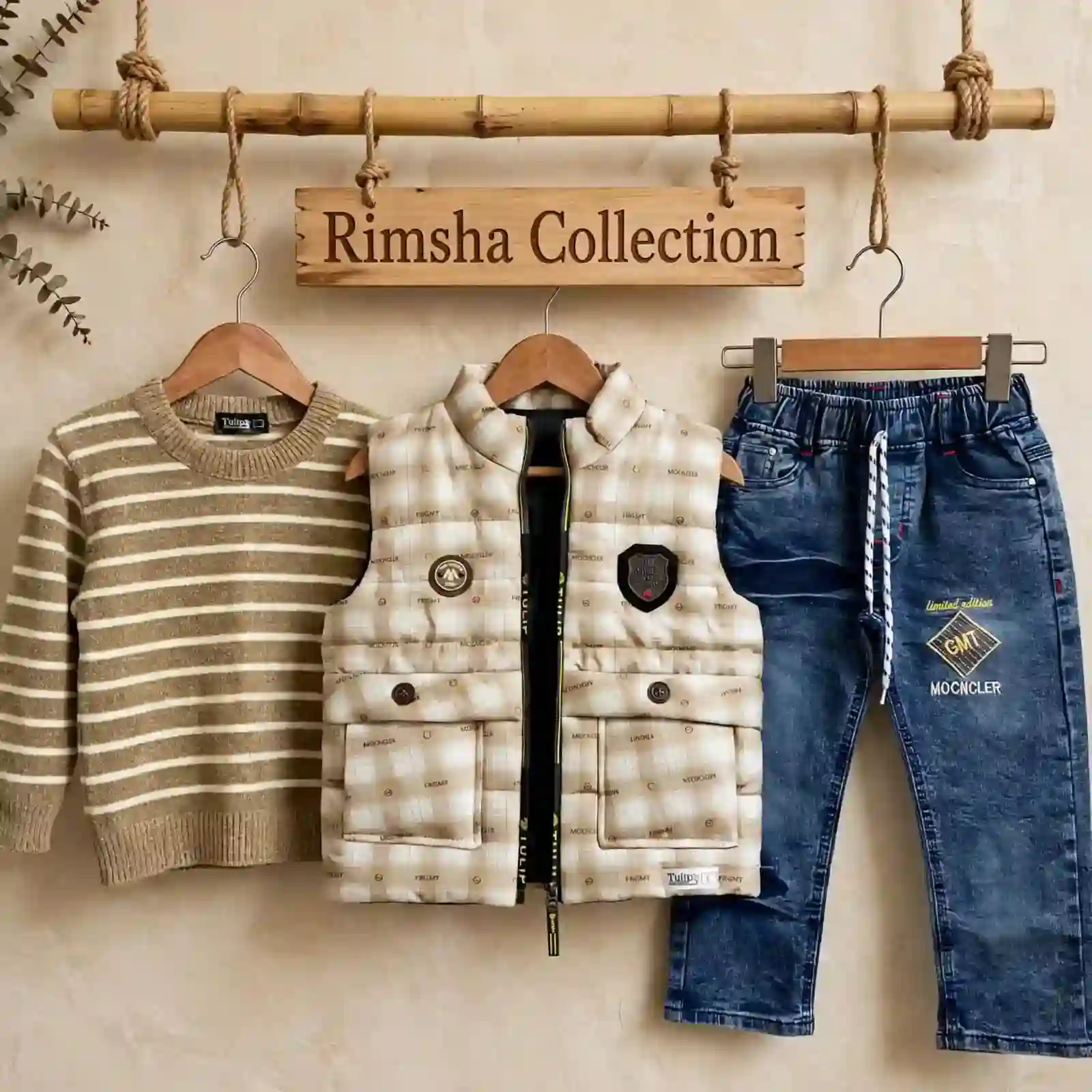Boys Winter Sweater Plaid Vest & Jeans Set - Image 2