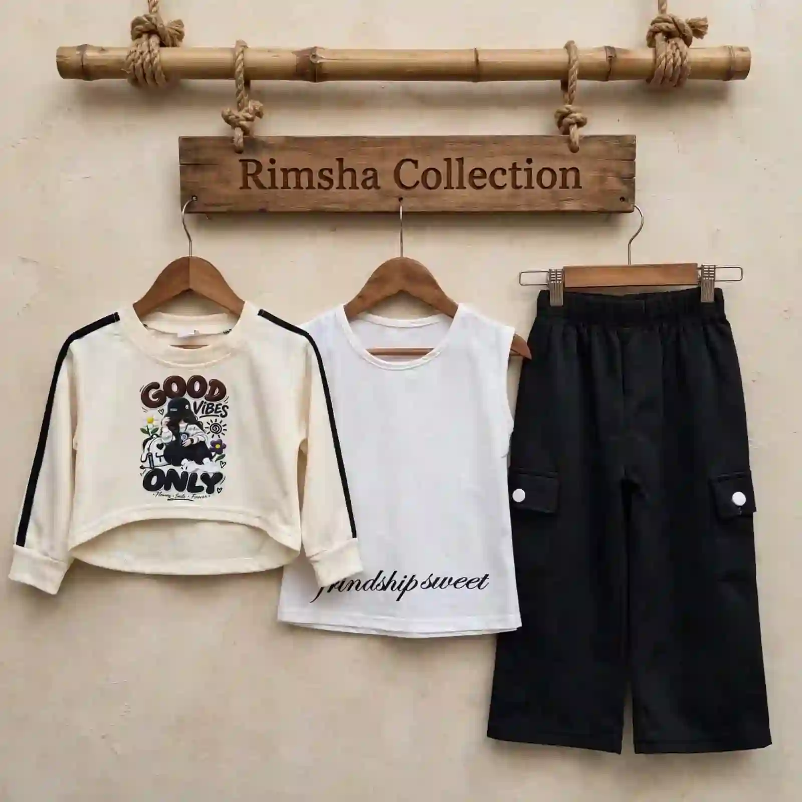 Girls 3 Piece Crop Sweatshirt and Cargo Pants Set - Image 2