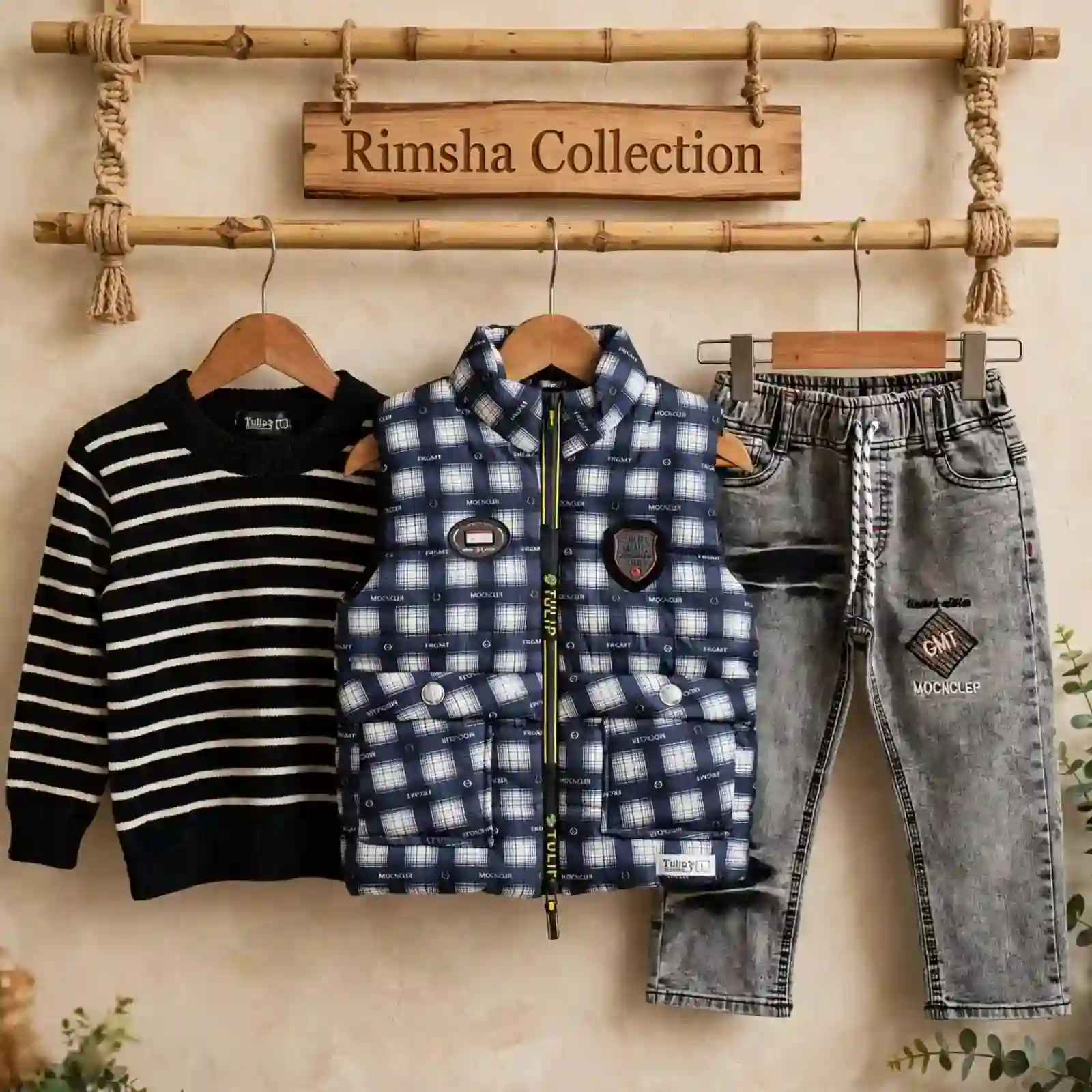 Boys Winter Sweater Plaid Vest & Jeans Set