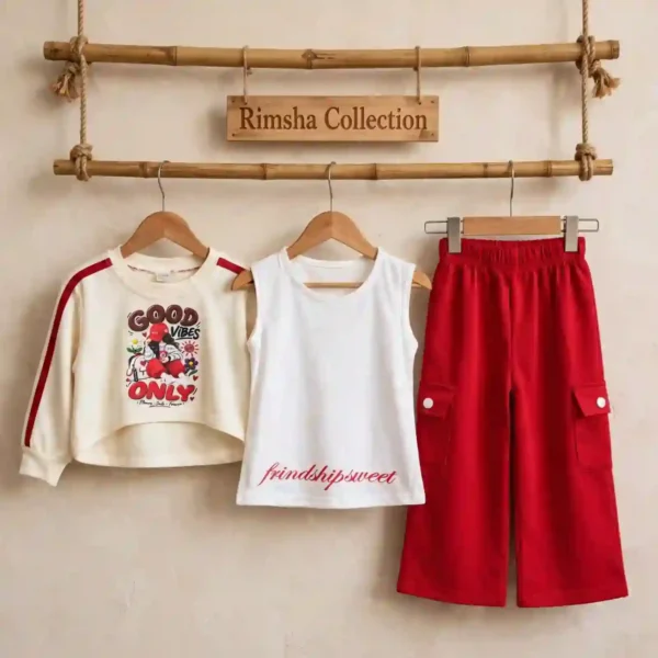 Girls 3 Piece Crop Sweatshirt and Cargo Pants Set