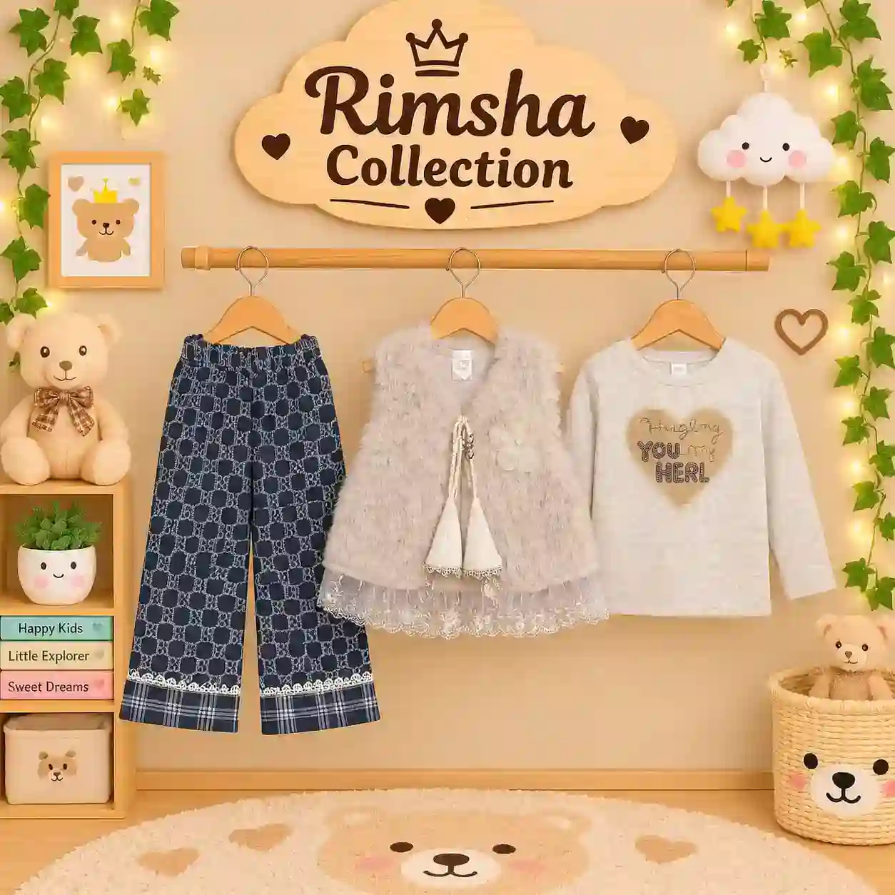 Girls Plush Vest and Printed Suit