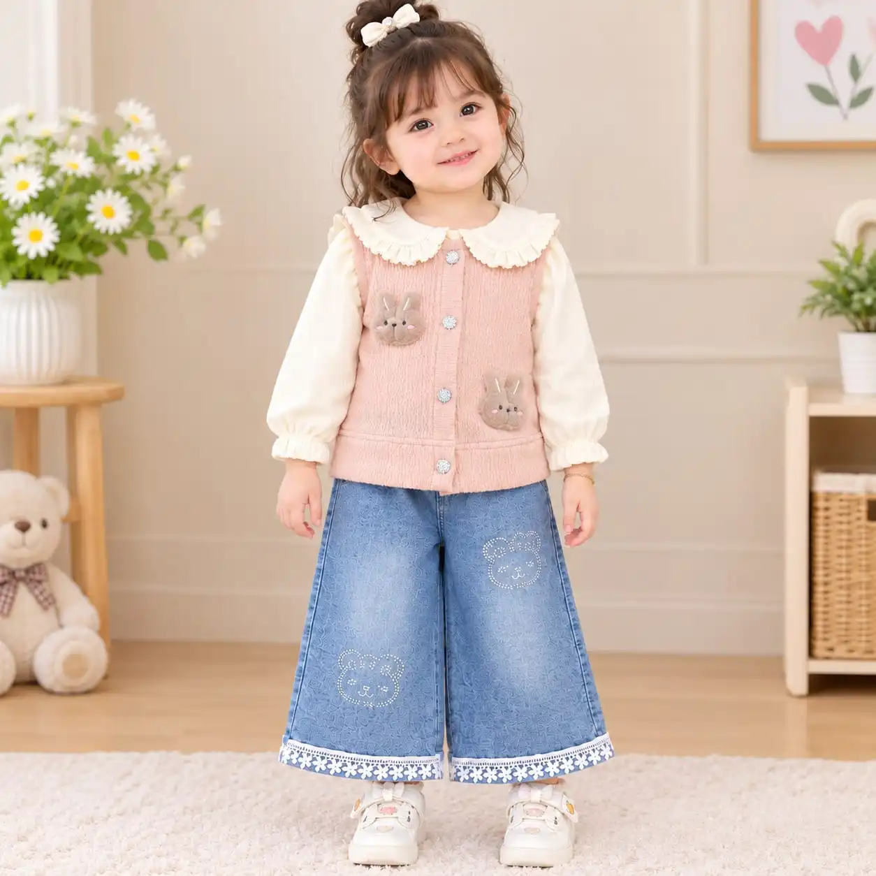 Baby Girls Bunny Vest Denim Suit - Image 3