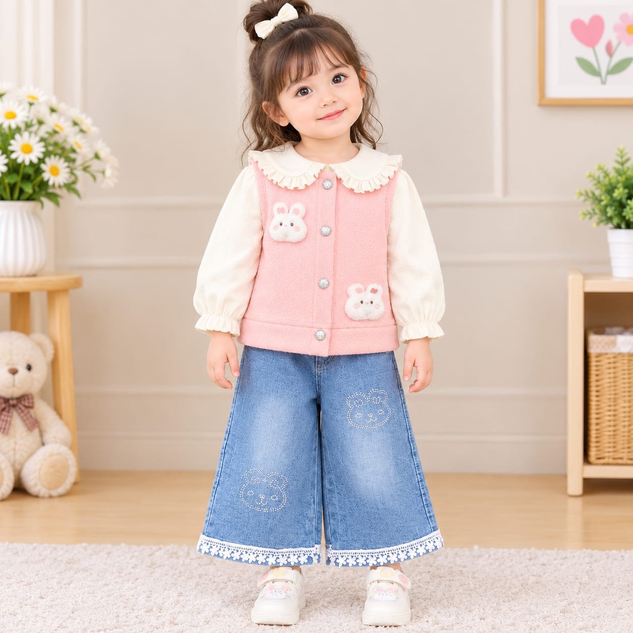 Baby Girls Bunny Vest Denim Suit