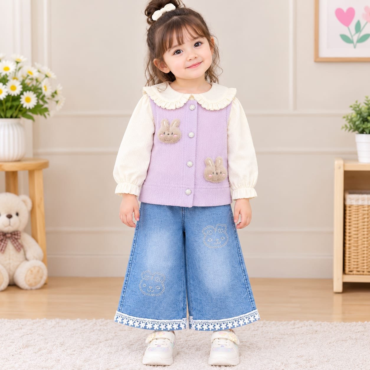 Baby Girls Bunny Vest Denim Suit - Image 2